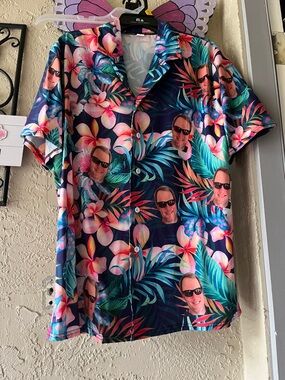 Custom Tropical Portrait Short-Sleeve Button-Up Shirt - Navy Floral